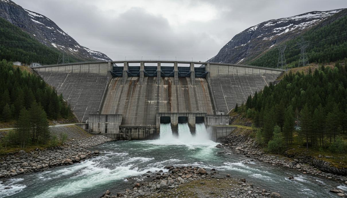 Модернизация ГЭС «Омли»: норвежская компания обновит затворы станции Бетонная плотина гидроэлектростанции на реке среди лесного пейзажа, массивные стальные водопропускные шлюзы.