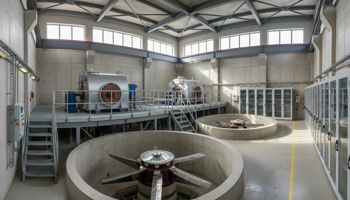 Машинный зал гидроэлектростанции с двумя металлическими турбинами, тяжелыми генераторами и промышленным оборудованием.