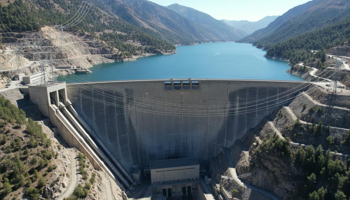 Бетонная плотина гидроэлектростанции в горном ущелье с большим водохранилищем и линиями электропередач