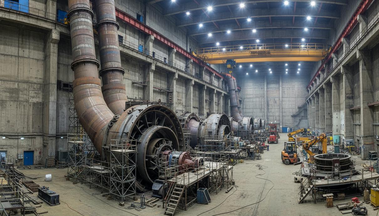 Машинный зал гидроэлектростанции: крупные металлические элементы турбин, стальные трубопроводы и инженерные конструкции.