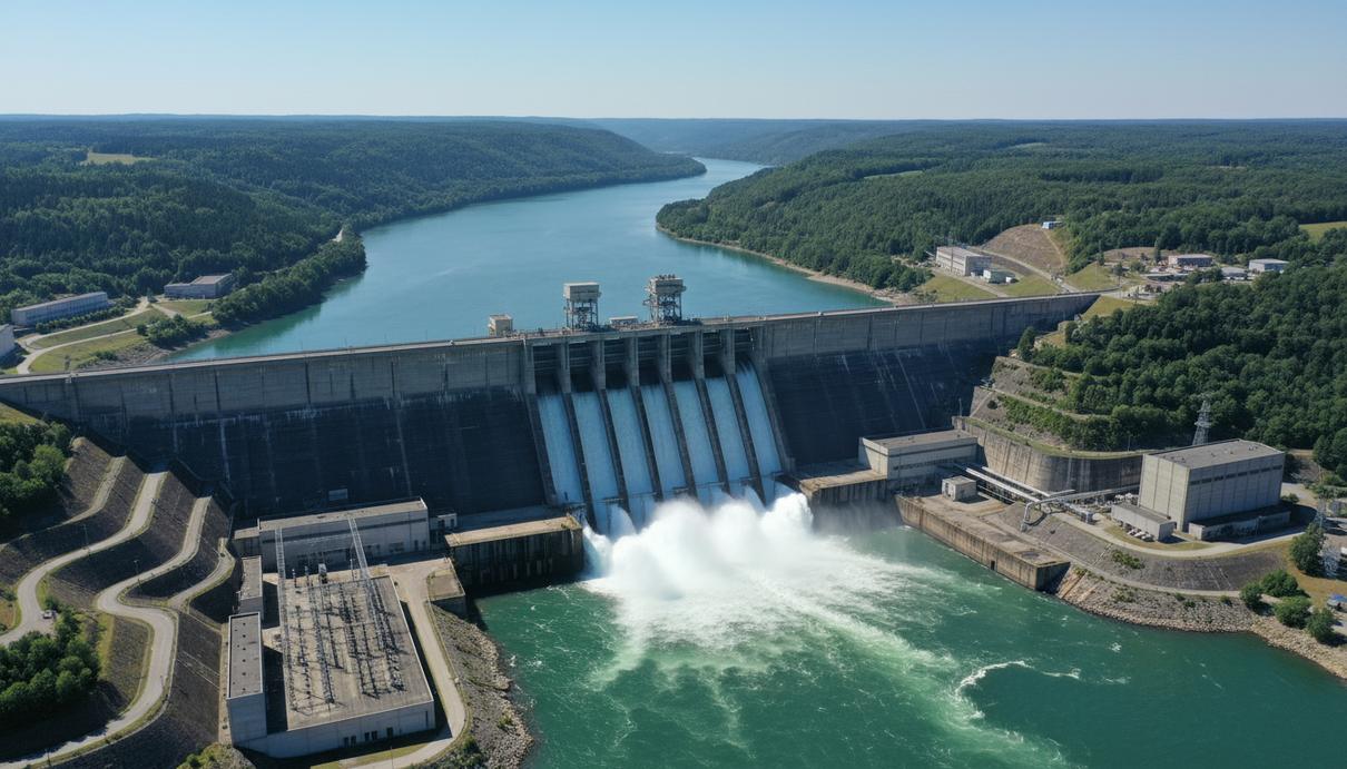 Крупная бетонная плотина гидроэлектростанции на широкой реке в окружении зеленых холмов в ясный солнечный день.
