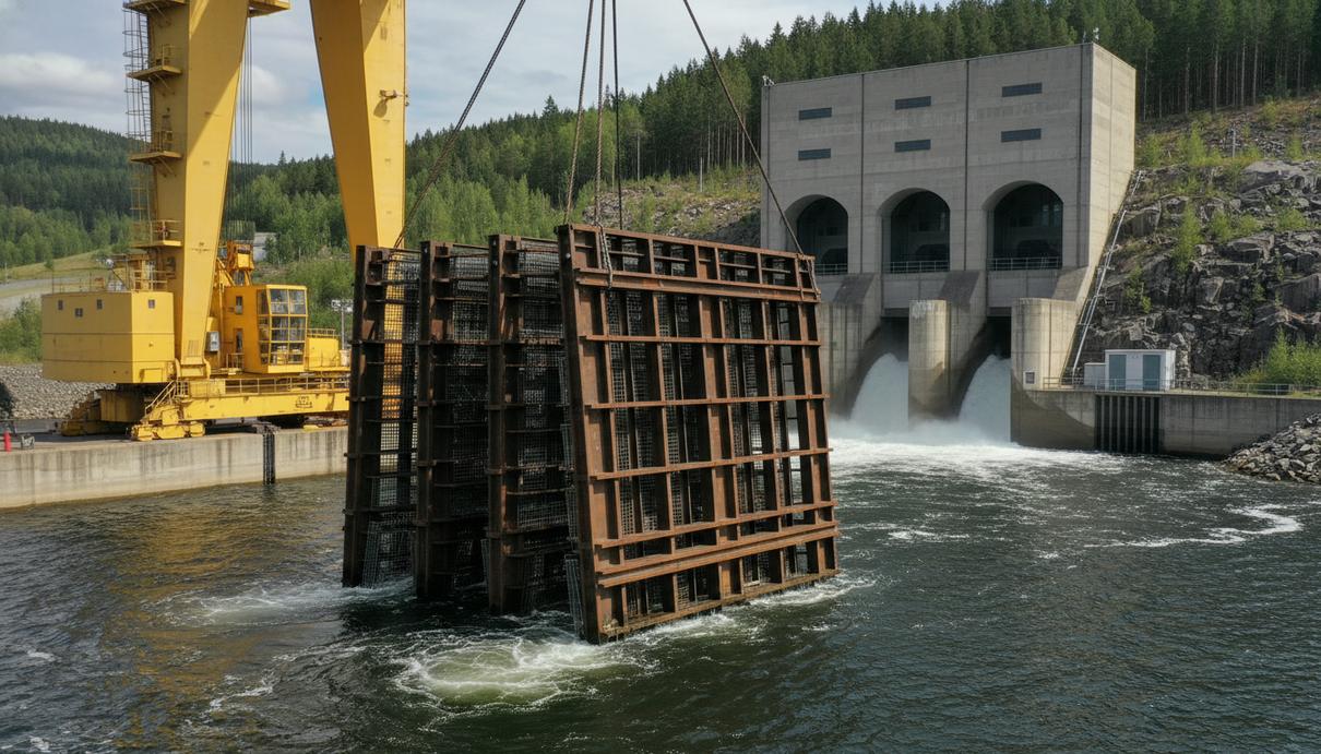 Промышленный кран опускает массивную стальную решетку в воду озера рядом с бетонным водозабором гидроэлектростанции.