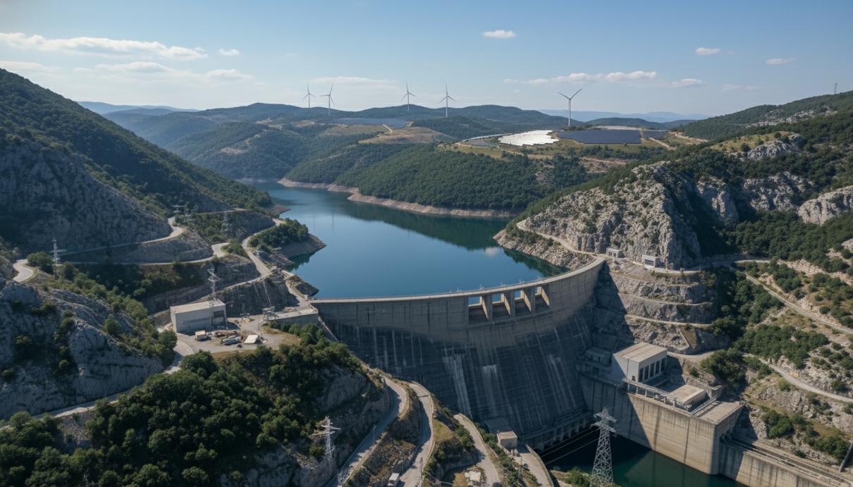 Массивная бетонная плотина гидроаккумулирующей электростанции в горной местности с водохранилищем и ветряками вдалеке.