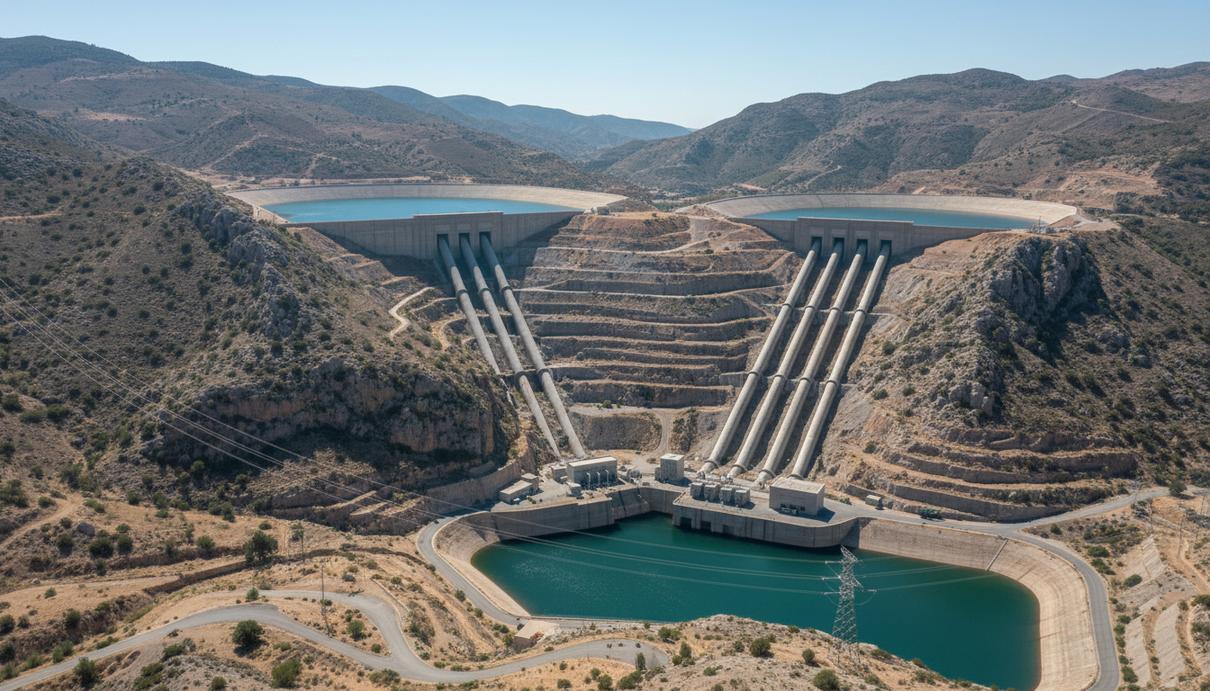 Гидроаккумулирующая электростанция в гористой местности: два резервуара с водой на разных уровнях и бетонные трубы.