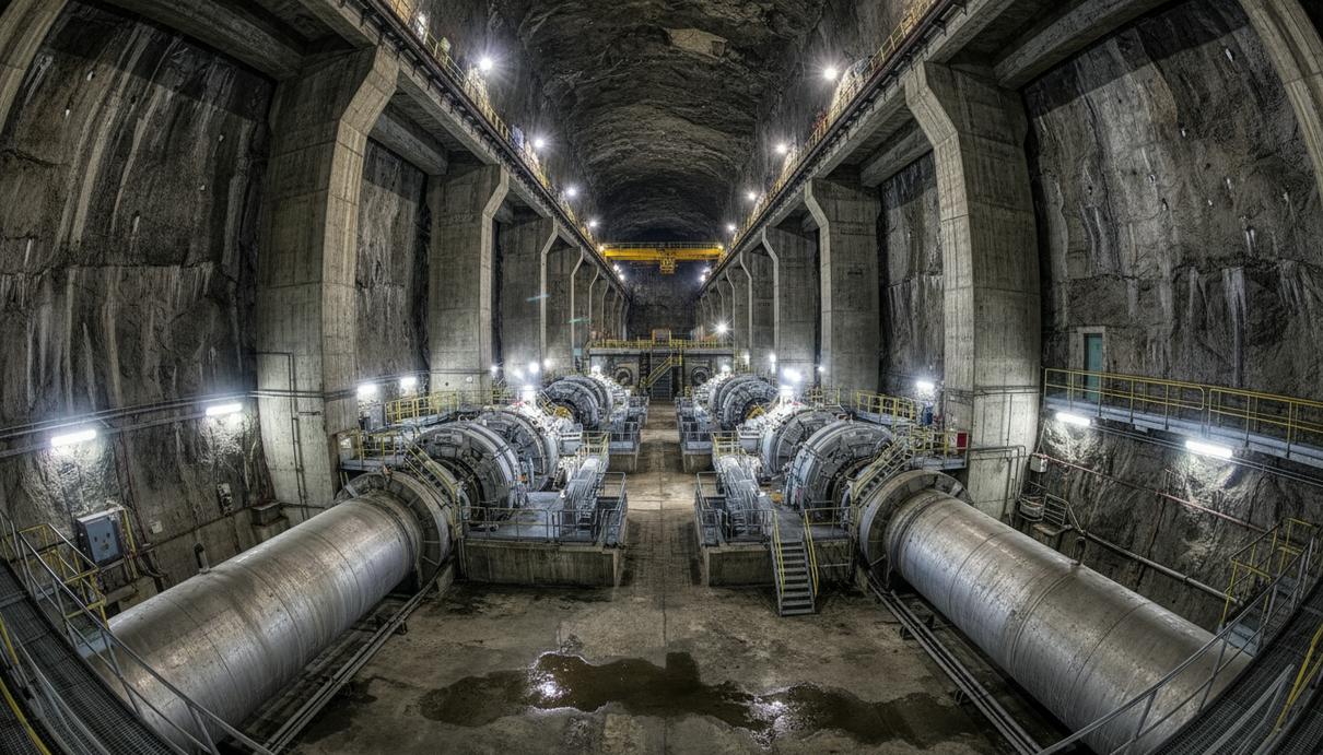 Бетонные конструкции и стальные трубопроводы в машинном зале подземной гидроаккумулирующей электростанции.