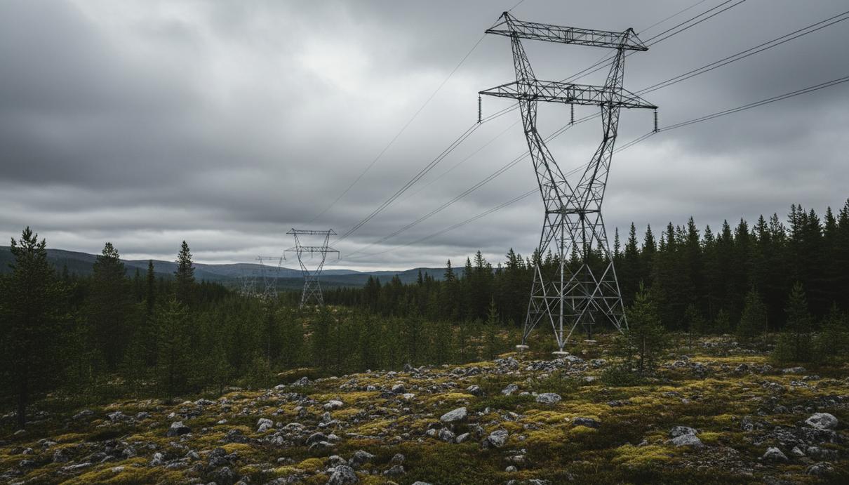 Высоковольтная линия электропередачи, проходящая через густой хвойный лес на фоне пасмурного неба.
