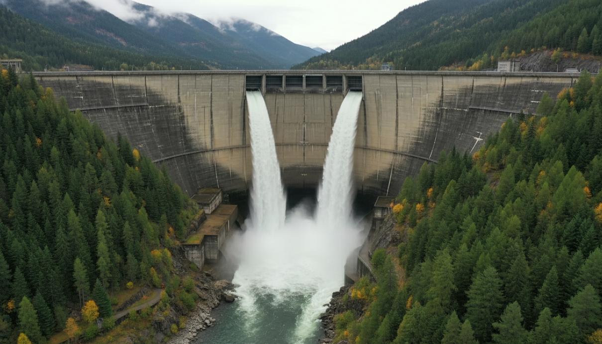 Массивная бетонная гидроэлектростанция с мощными потоками воды, проходящими через водосброс, на фоне лесистых гор.