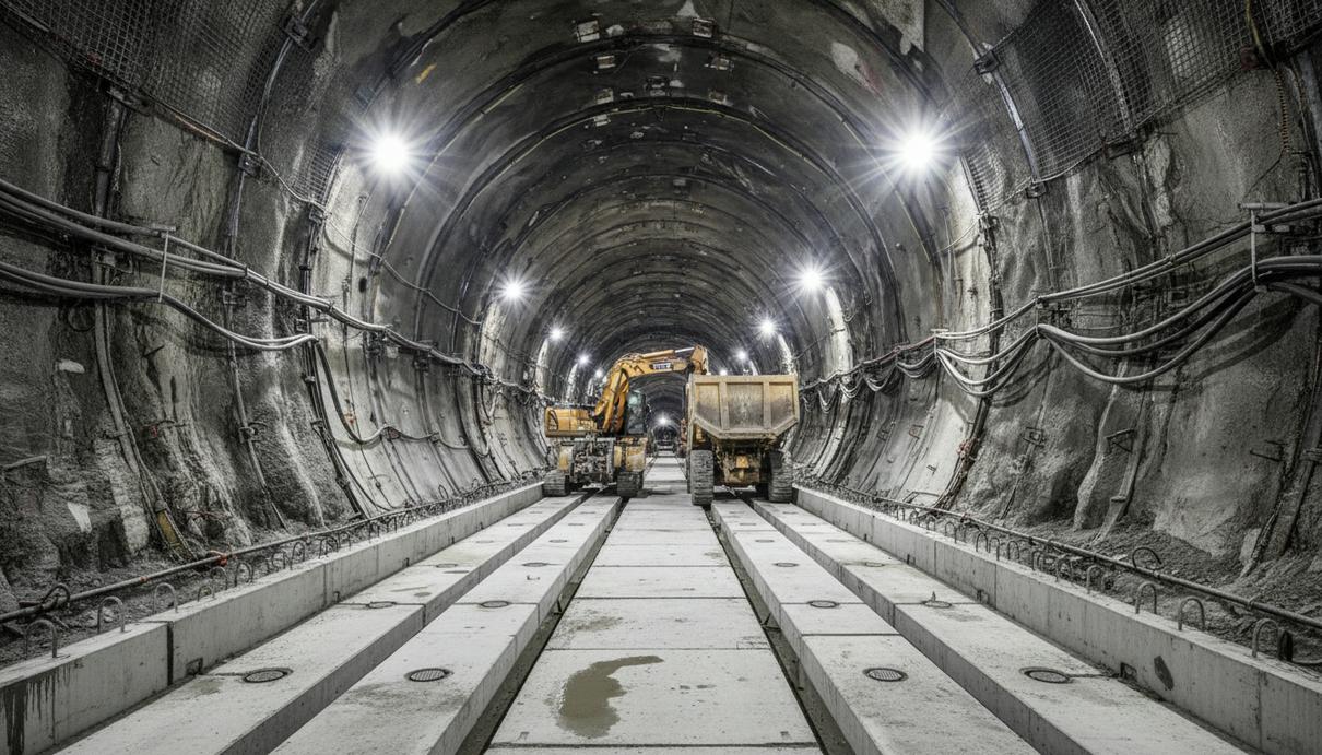 Масштабный подземный деривационный тоннель гидроэлектростанции с бетонным основанием, проложенный в горном массиве.