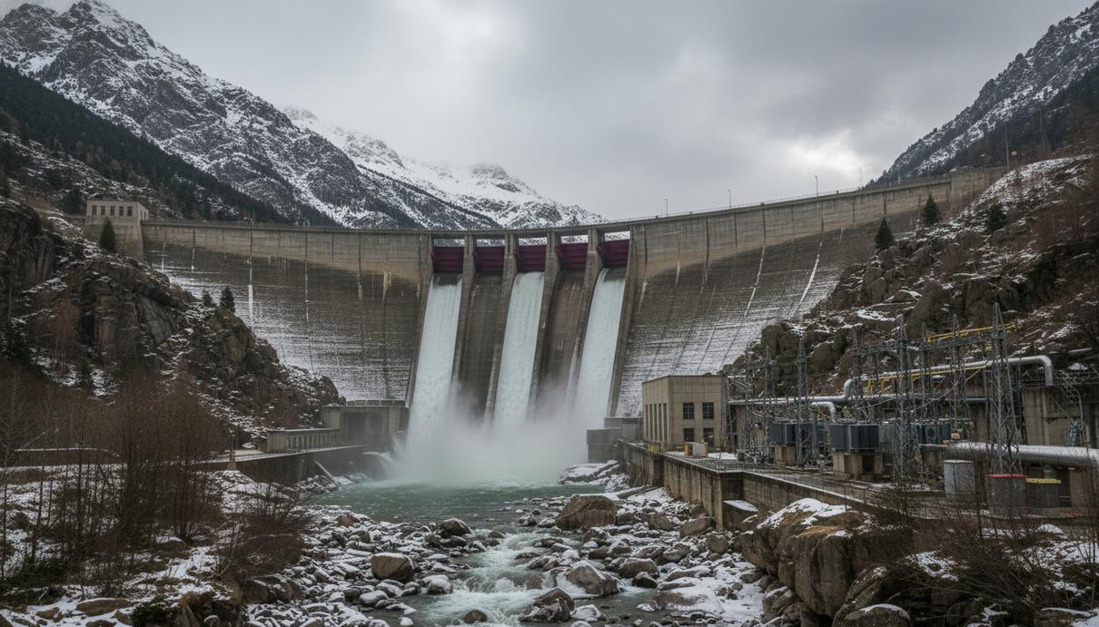 Бетонная плотина гидроэлектростанции в горной долине зимой. Сброс воды в каменистую реку на фоне заснеженных вершин.