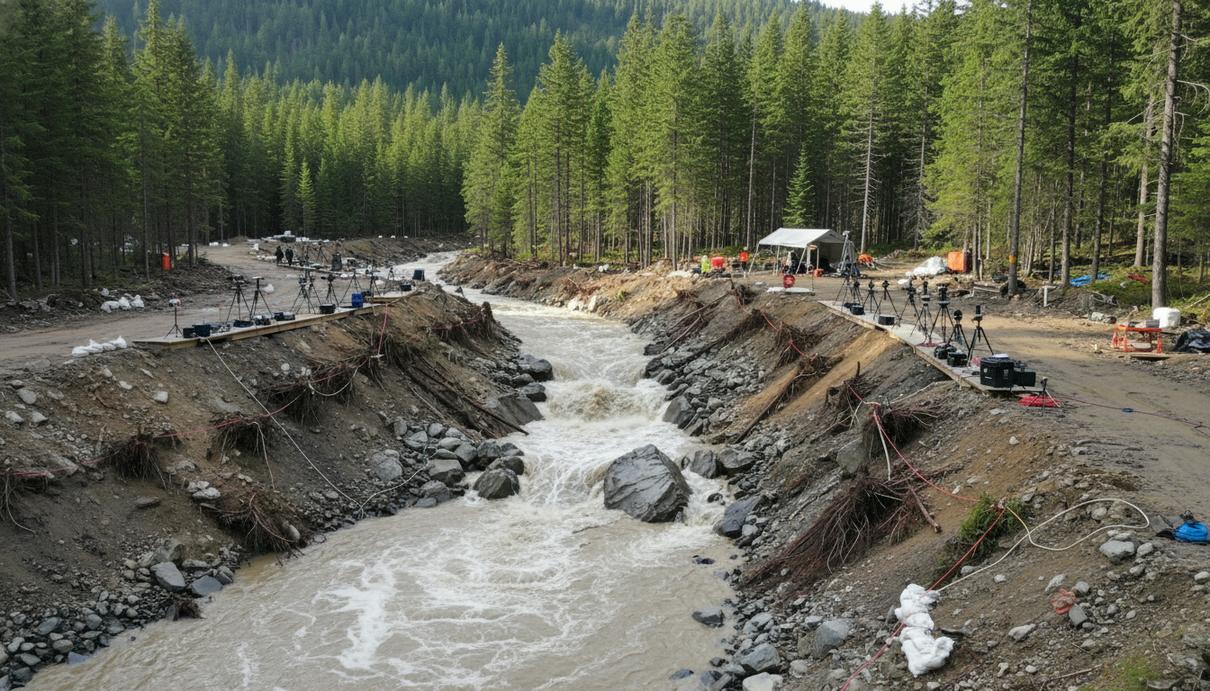 Масштабная модель оползневой плотины на горной реке: поток воды прорывает искусственную преграду из грунта и камней.