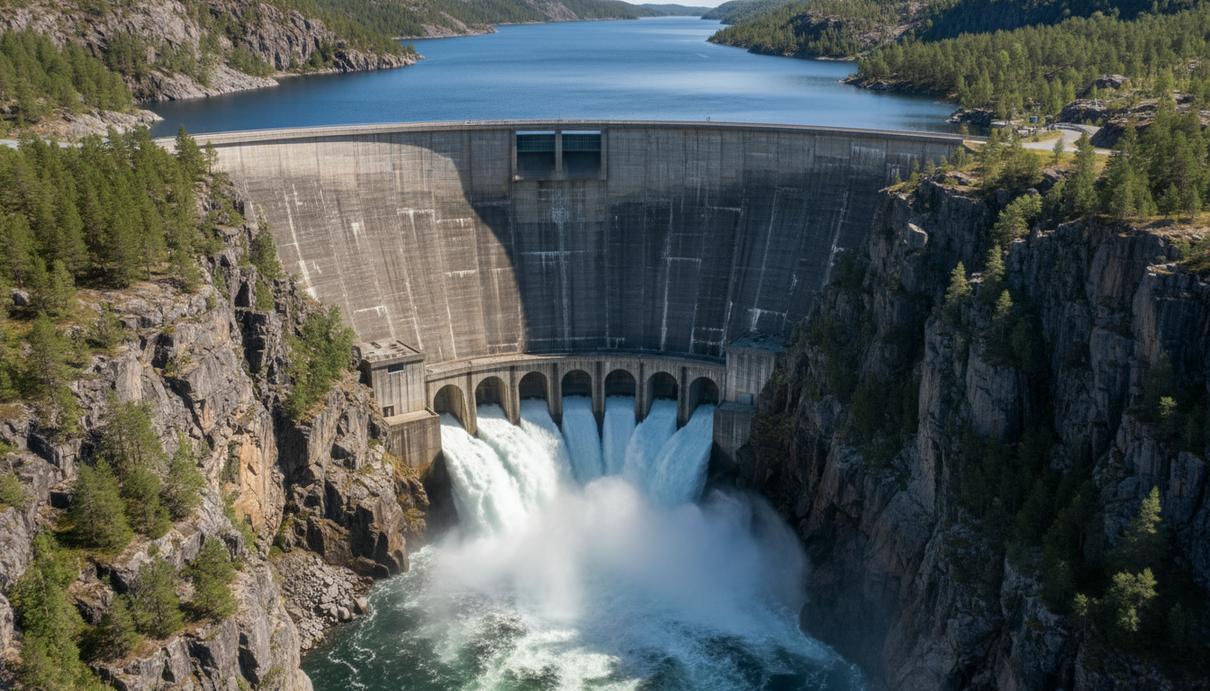 Модернизация ГЭС «Алта»: норвежская Statkraft установит третий гидроагрегат Бетонная плотина гидроэлектростанции в скалистом ущелье, сброс воды через туннели на фоне гор и узкого водохранилища.