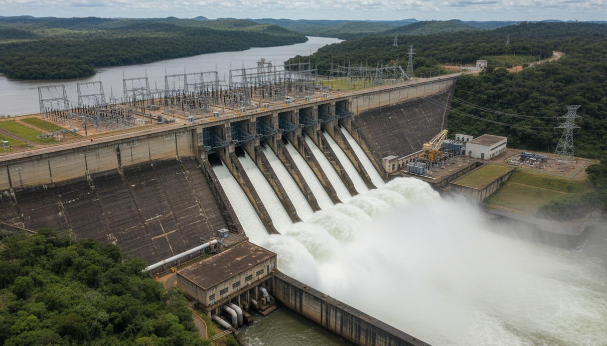 ENGIE Brasil расширит гидроэлектростанцию Жагуара на 232 мегаватта Плотина гидроэлектростанции на широкой реке в окружении зеленых холмов, потоки воды и трансформаторные подстанции.