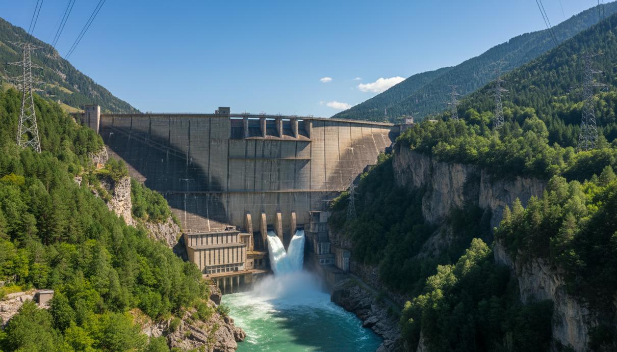 Бетонная плотина гидроэлектростанции в горах. Поток воды сбрасывается в реку. Рядом опоры линий электропередачи и лес.