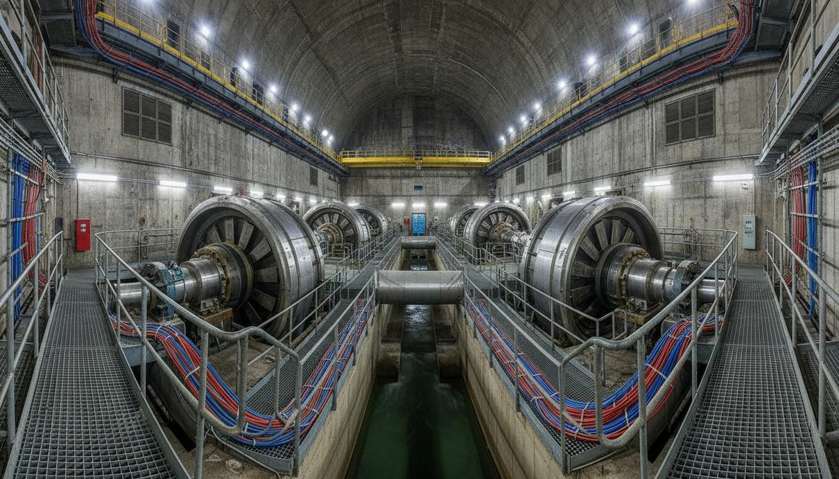 Aker Solutions модернизирует норвежскую ГЭС Нес к 2032 году Машинный зал гидроэлектростанции с крупными металлическими турбинами, бетонными стенами и трубами.